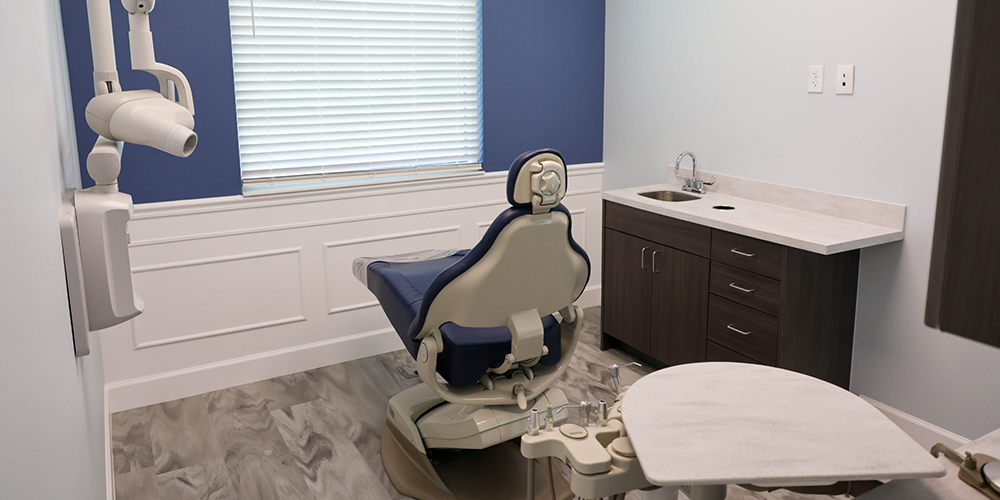 Dental treatment chair viewed from the back